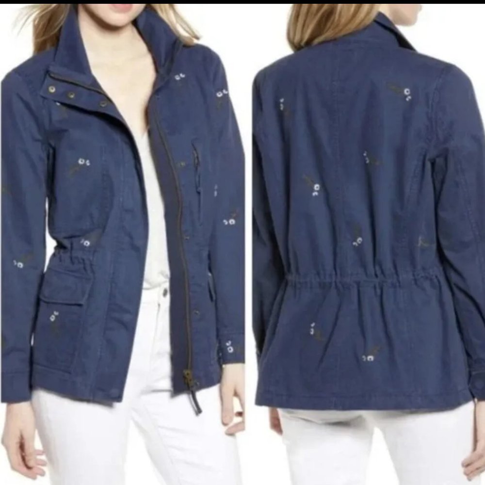 Madewell Navy Military Surplus Canvas Embroidered Daisy Utility Jacket Coat
